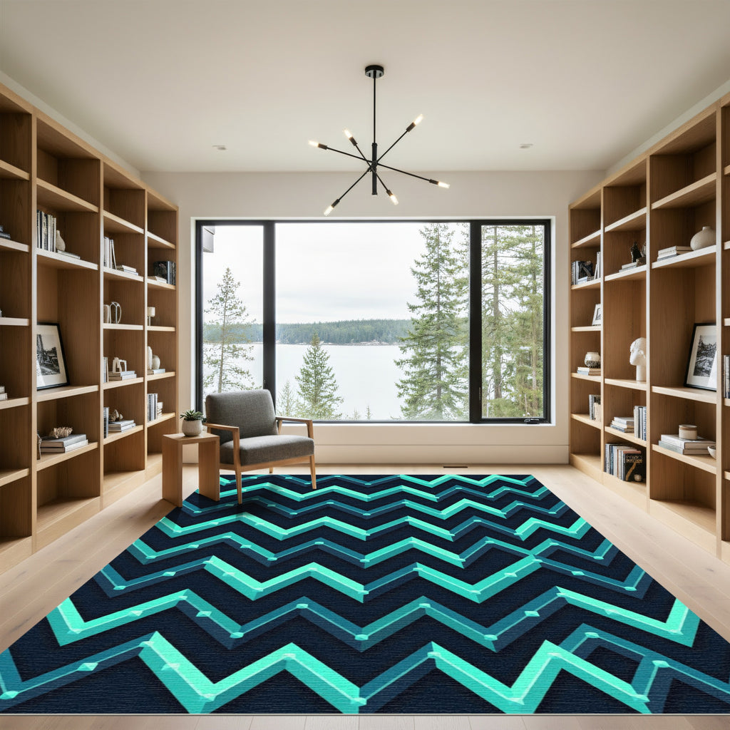 Aquamarine Zigzag Geometric Accents Rug