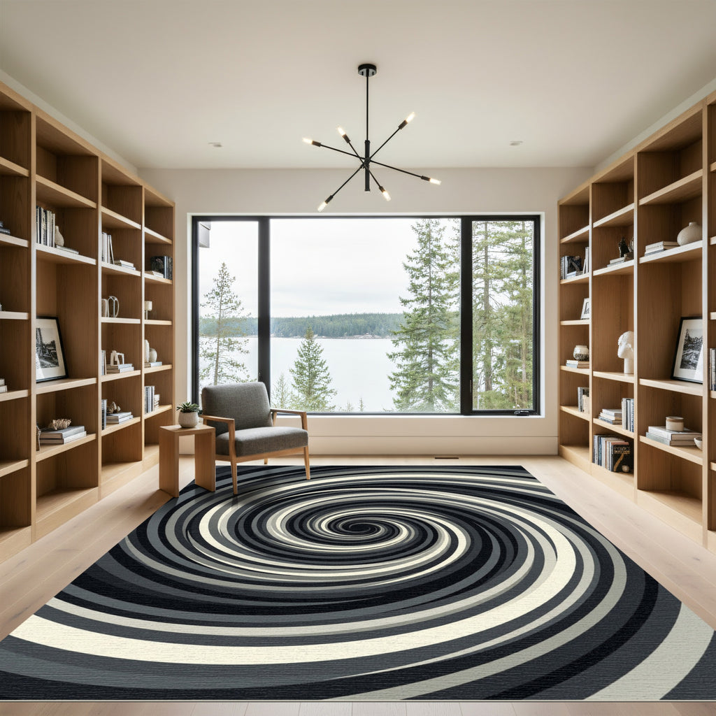 Modern Minimalist Monochrome Swirl Rug