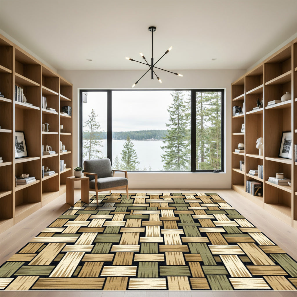 Woven Tan Olive Interlace Rectangles Rug