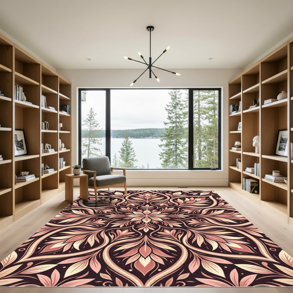 Rose Gold Floral Scrollwork Mandala Rug