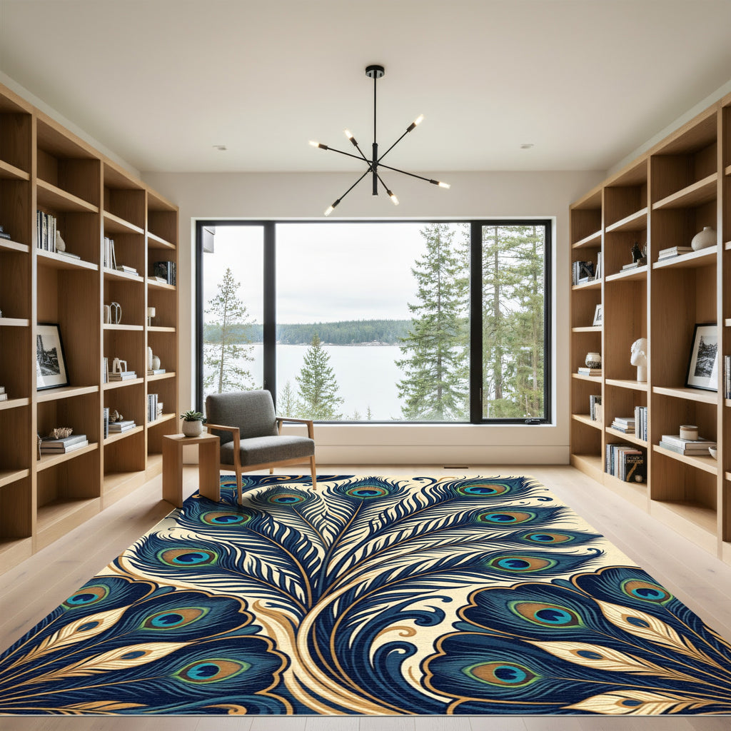 Elegant Navy Peacock Feather Art Deco Rug