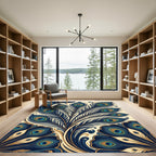 Elegant Navy Peacock Feather Art Deco Rug
