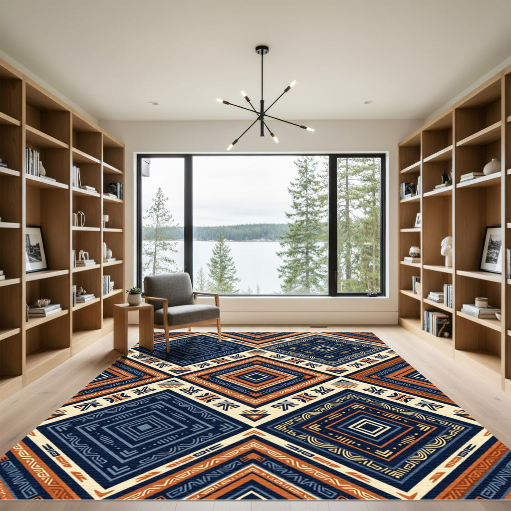 Geometric Navy and Copper Tribal Diamond Rug