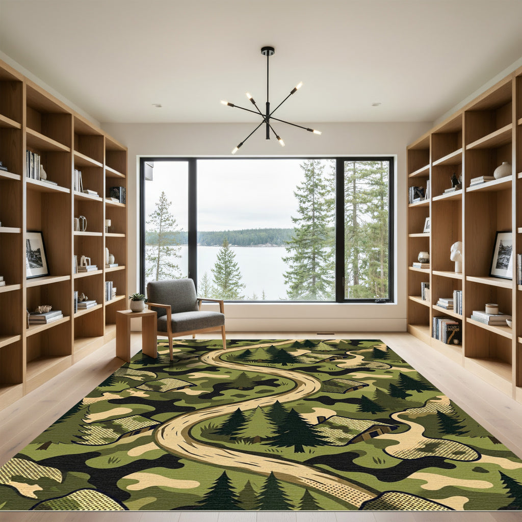 Camo Forest Landscape Winding Road Illustration Rug