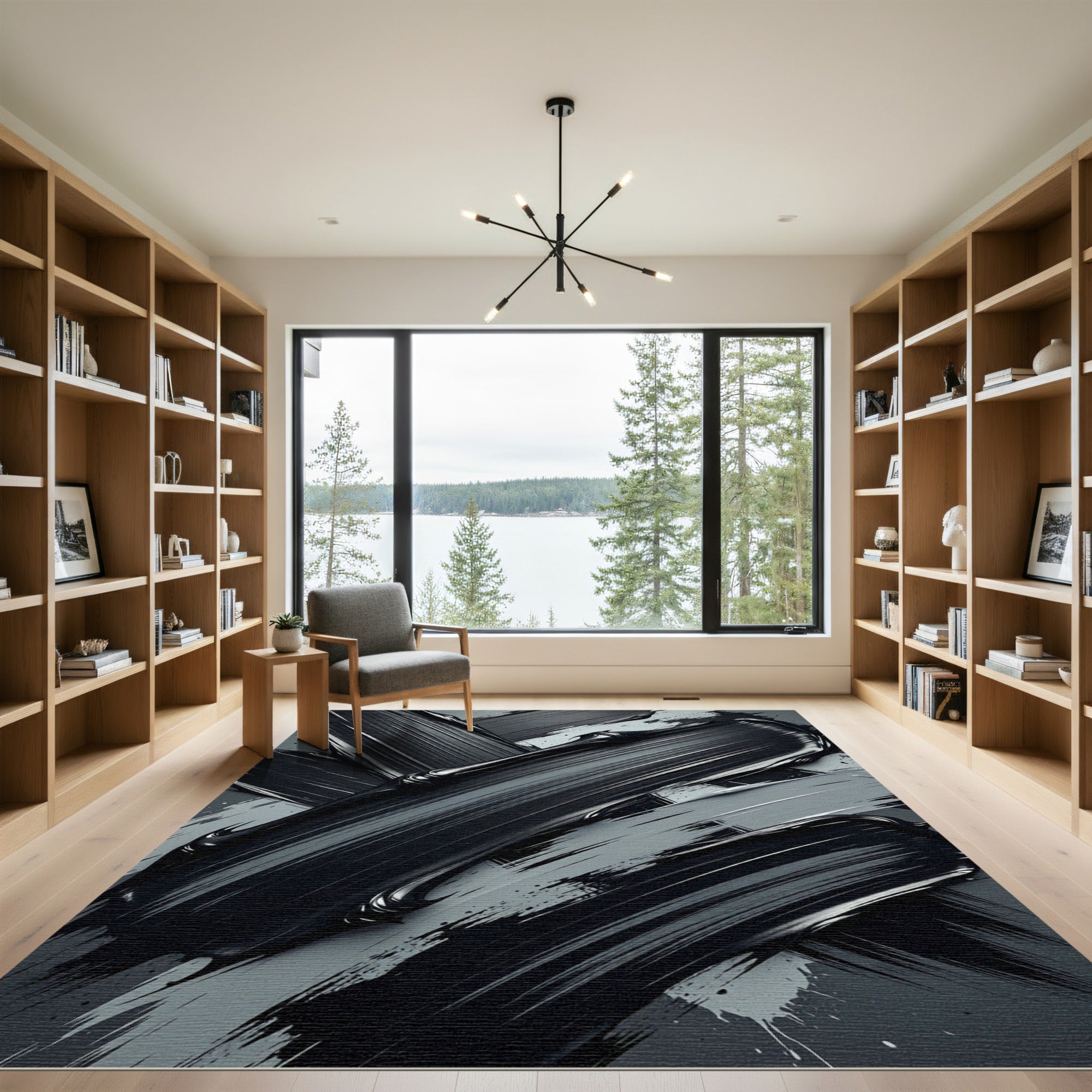 Modern Monochrome Abstract Charcoal Brush Strokes Rug