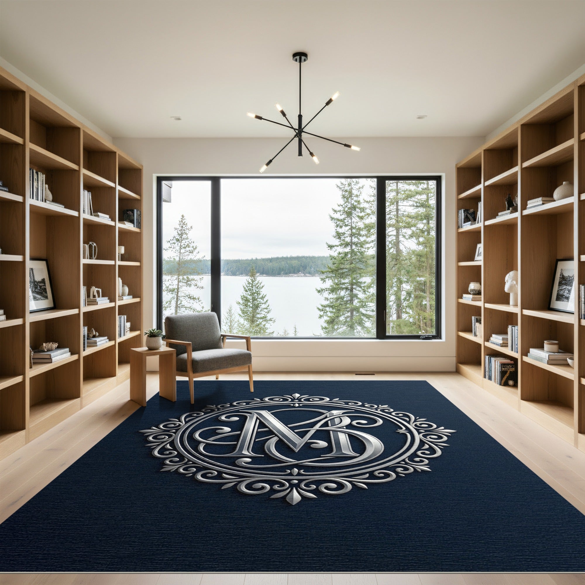 Elegant Silver Monogram Circular Emblem Rug