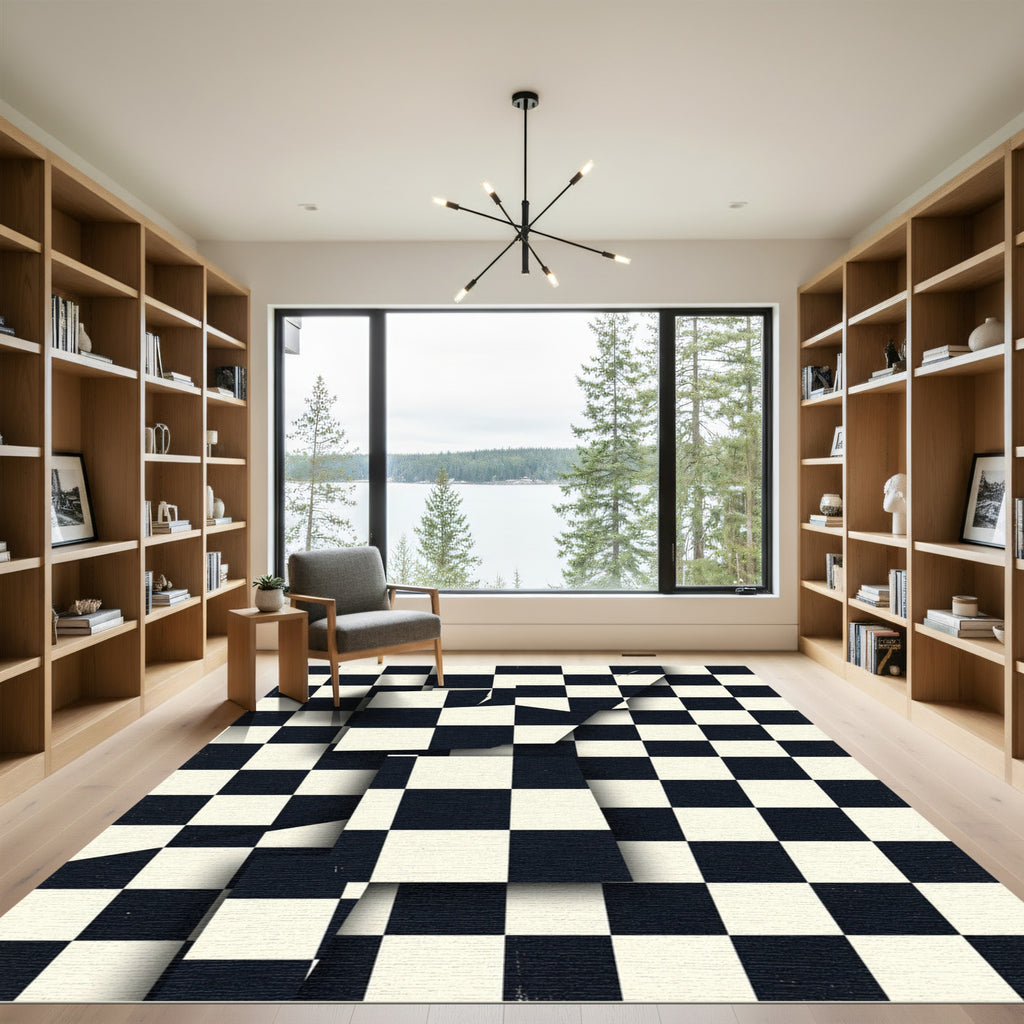 Modern Monochrome Checkered Abstract Grid Rug