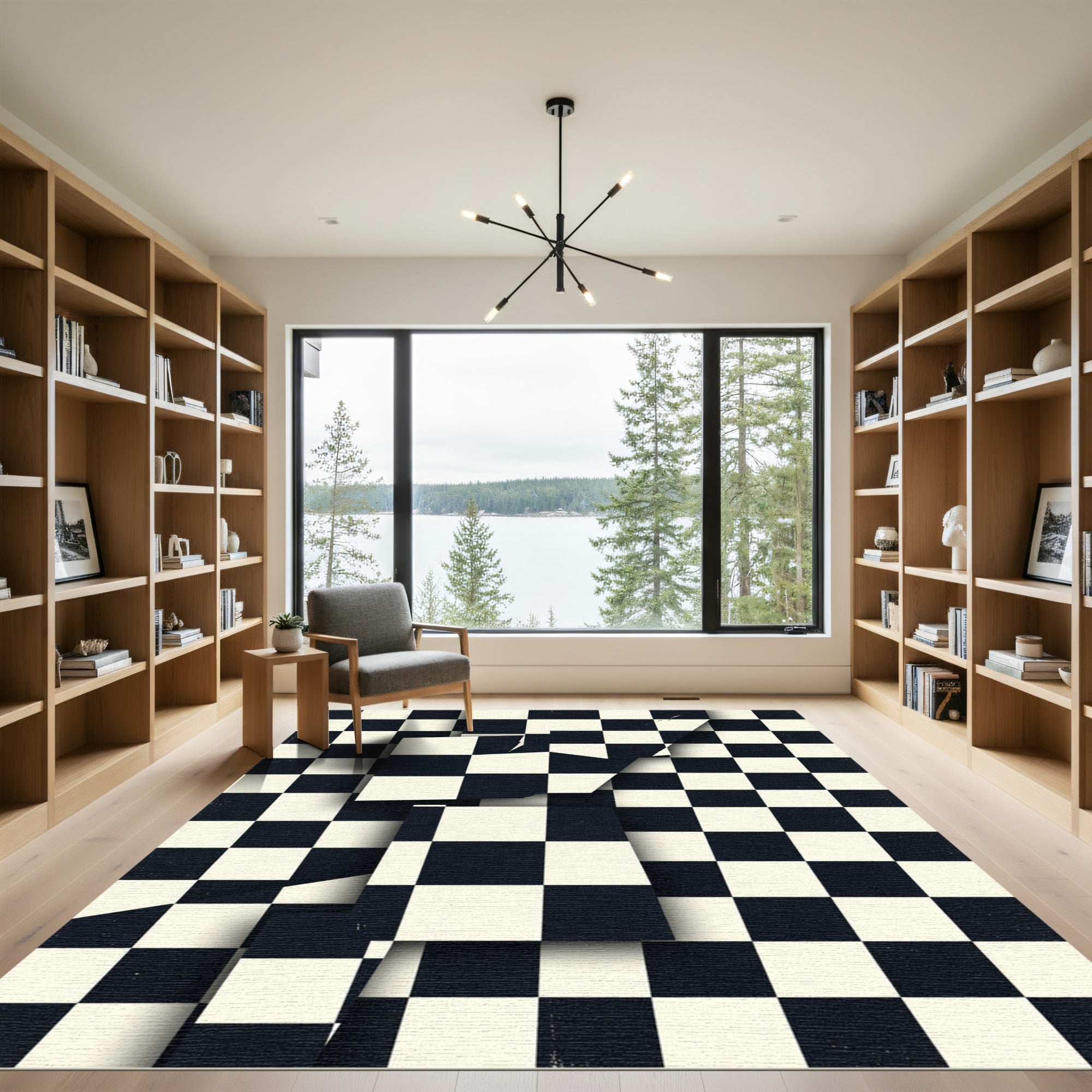Modern Monochrome Checkered Abstract Grid Rug