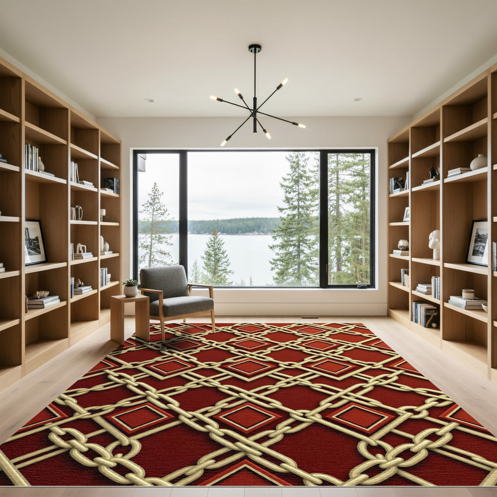 Crimson Interlocking Chain Diamond Rug