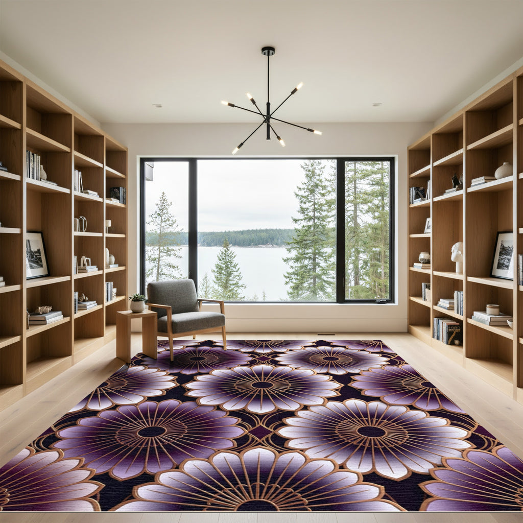 Elegant Violet Gold Geometric Lotus Rug