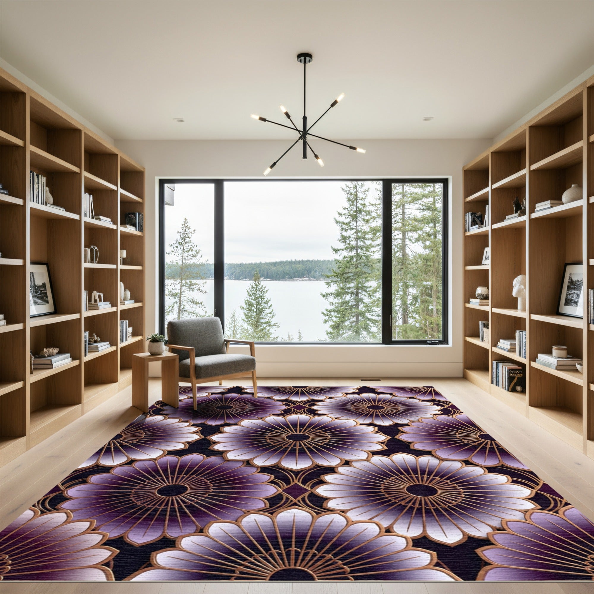 Elegant Violet Gold Geometric Lotus Rug