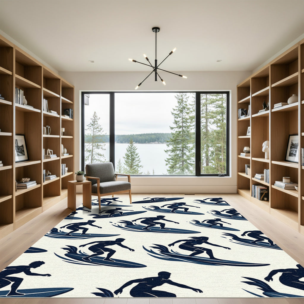 Navy Surfboard Silhouette Coastal Ocean Graphic Rug