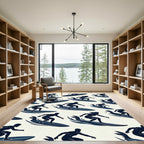 Navy Surfboard Silhouette Coastal Ocean Graphic Rug