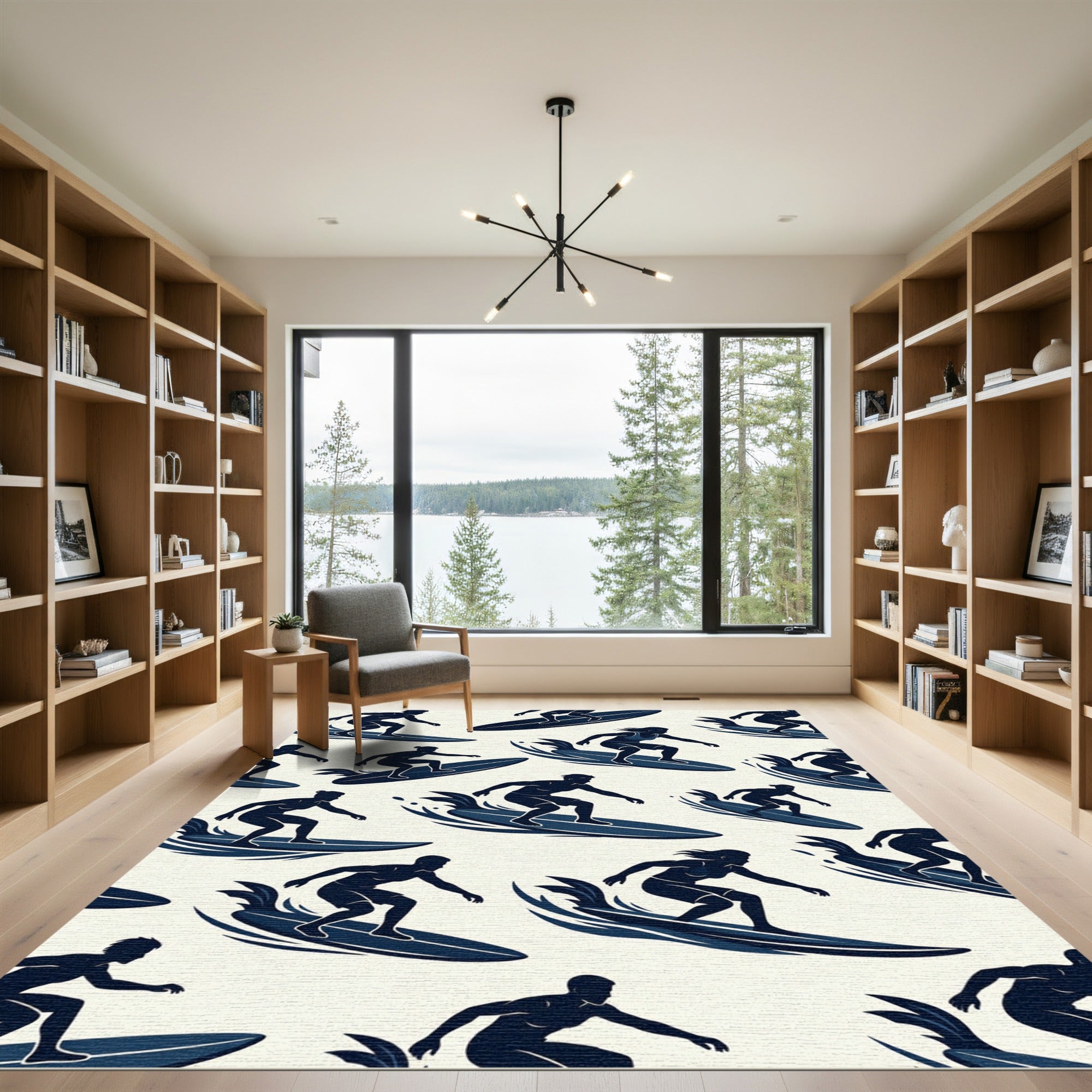 Navy Surfboard Silhouette Coastal Ocean Graphic Rug