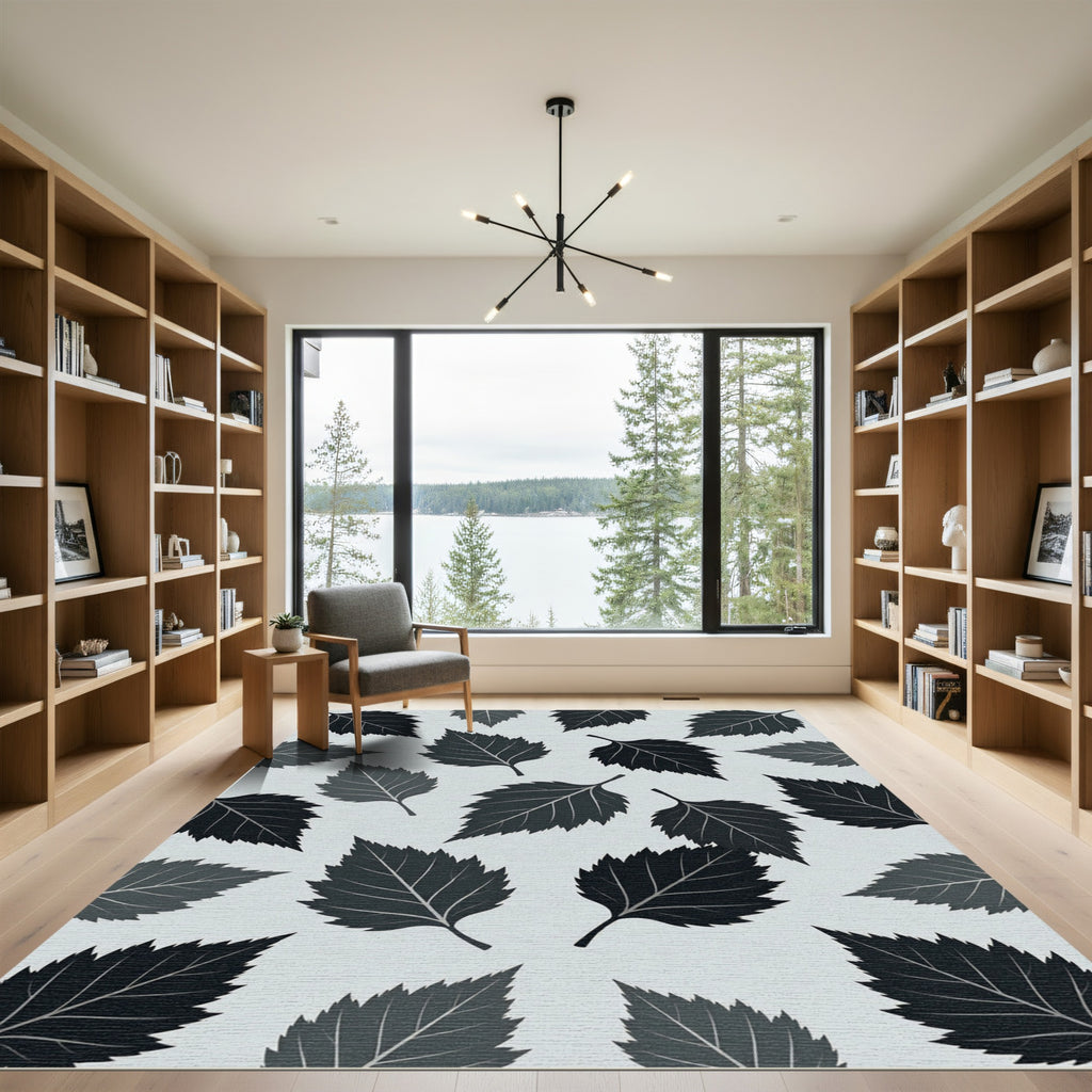 Minimalist Charcoal Monochrome Leaf Arrangement Rug