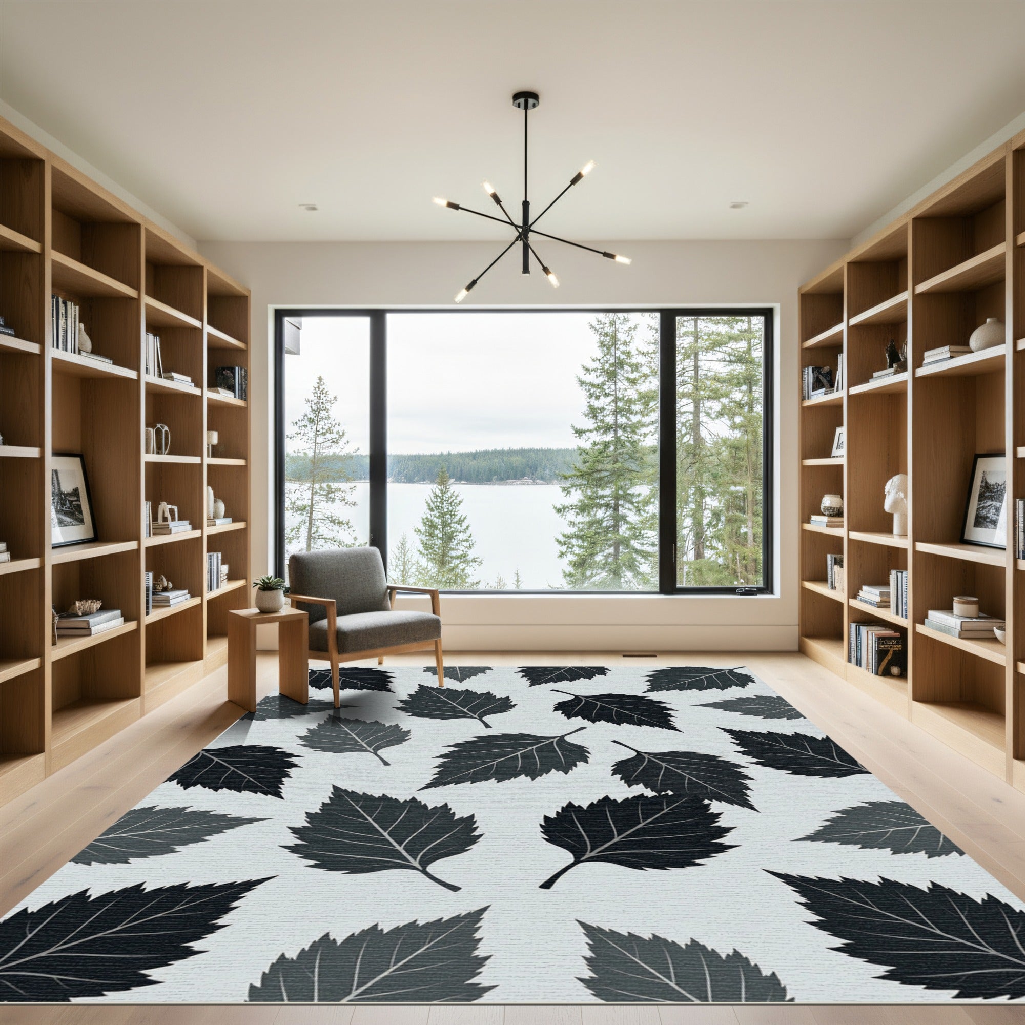 Minimalist Charcoal Monochrome Leaf Arrangement Rug
