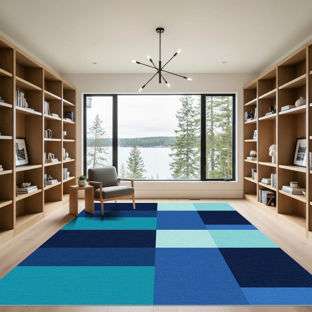 Cool Tone Geometric Block Layout Rug