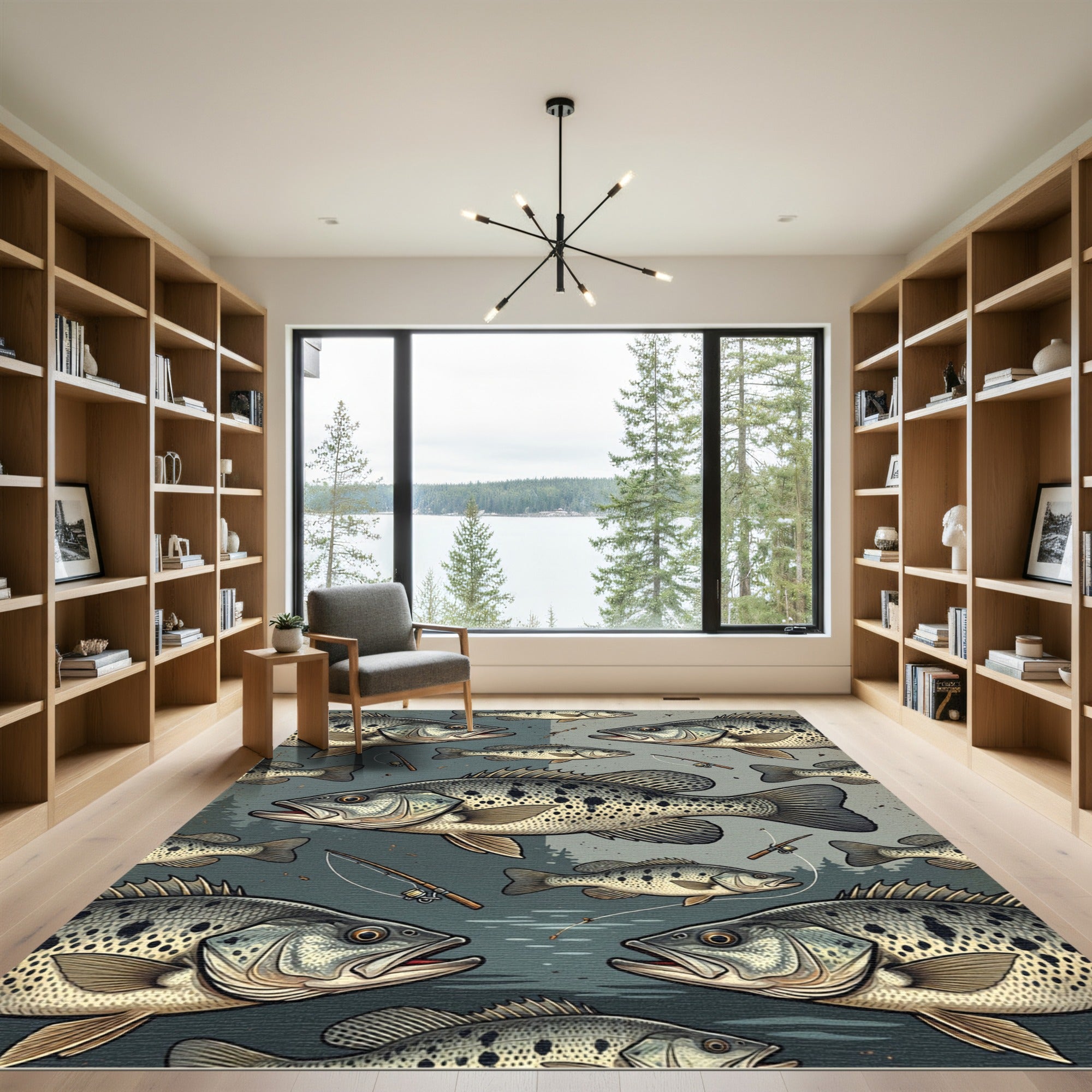 Spotted Freshwater Bass Fishing Illustration Rug