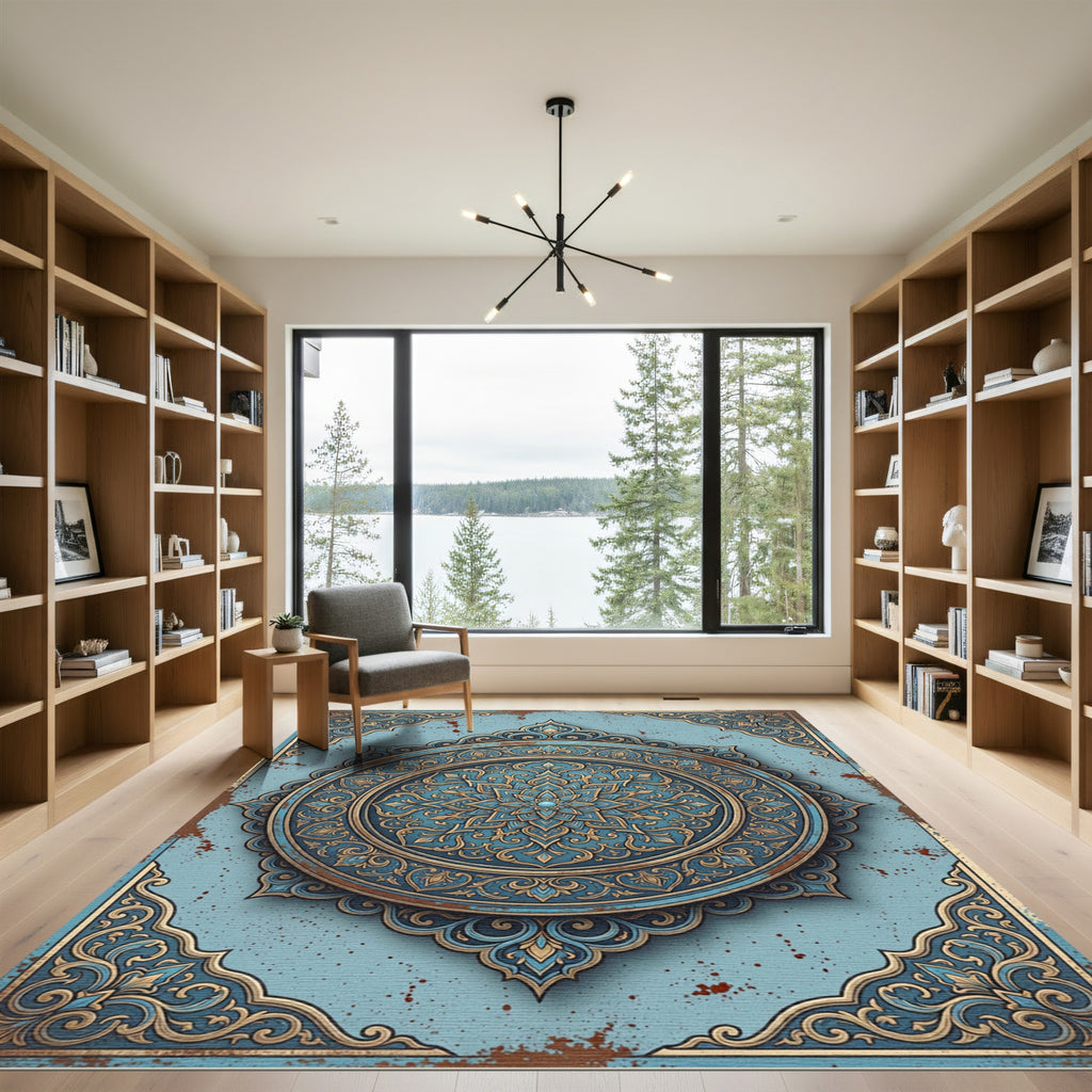 Intricate Blue Gold Filigree Medallion Rug