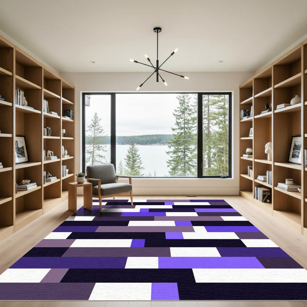 Modern Purple and Dark Geometric Block Rug