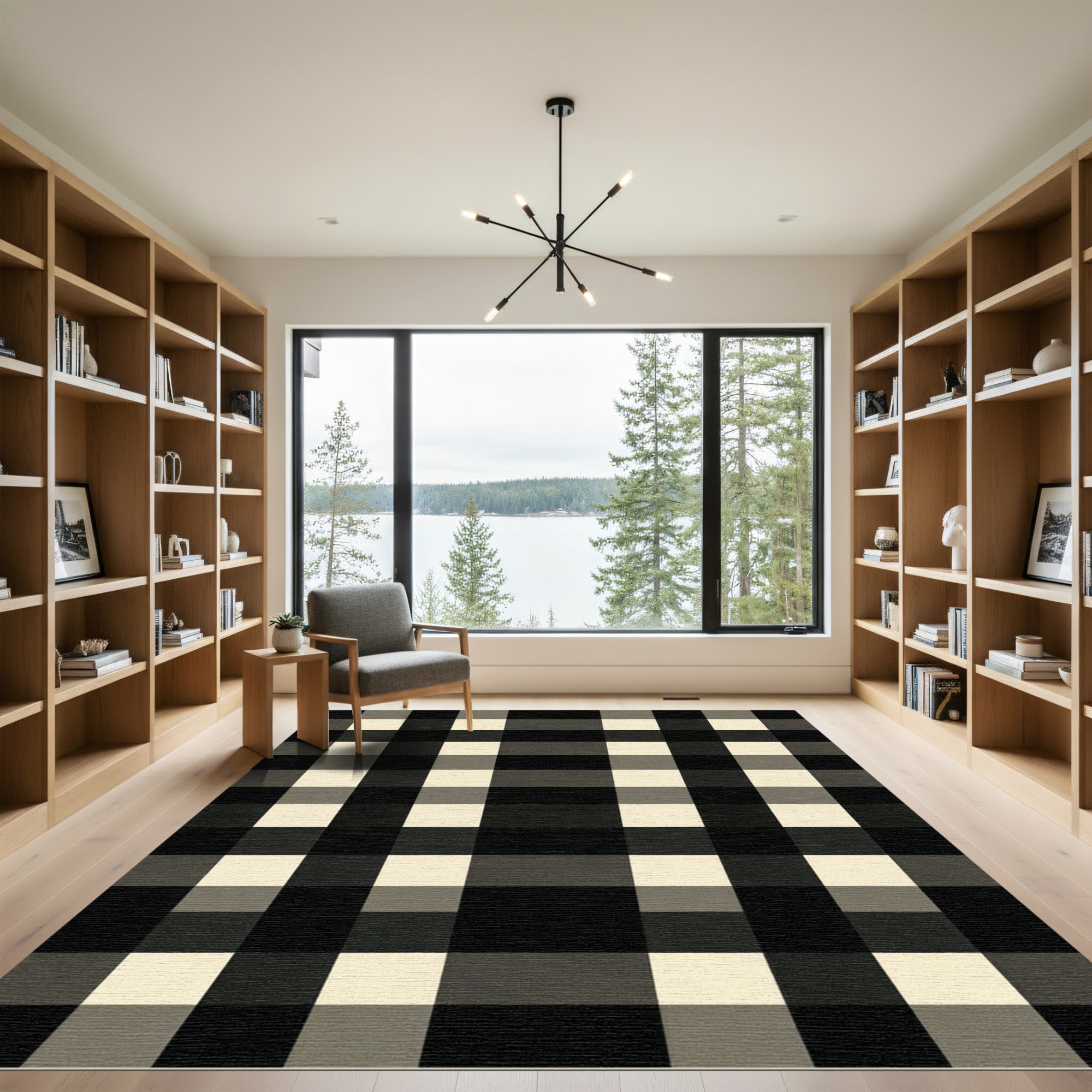 Modern Black and Cream Gingham Check Rug