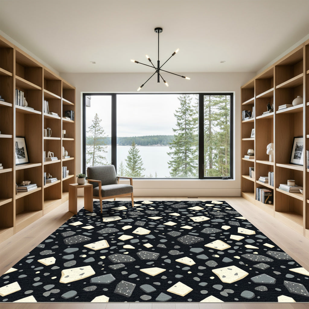 Modern Monochrome Terrazzo Speckled Stones Rug