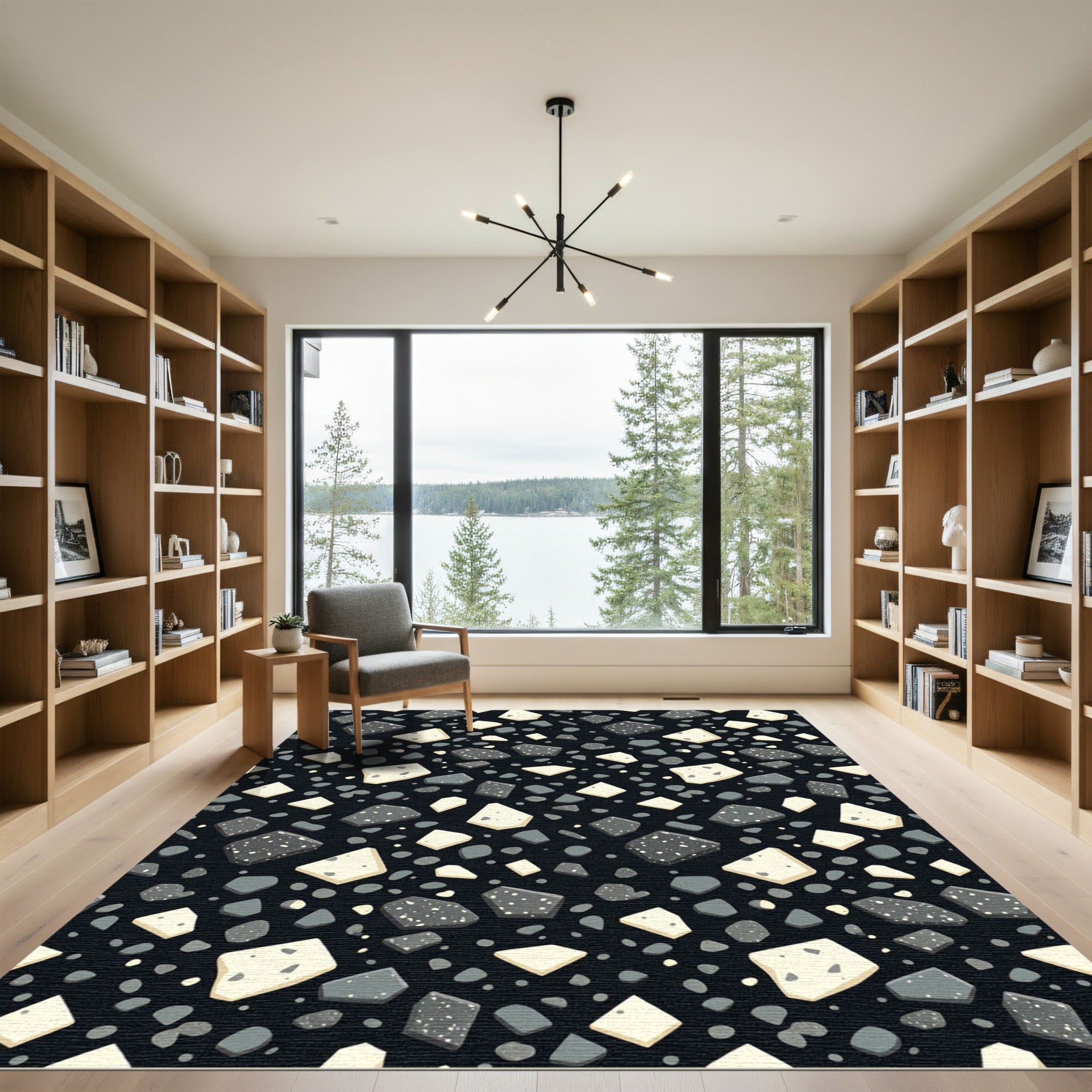 Modern Monochrome Terrazzo Speckled Stones Rug