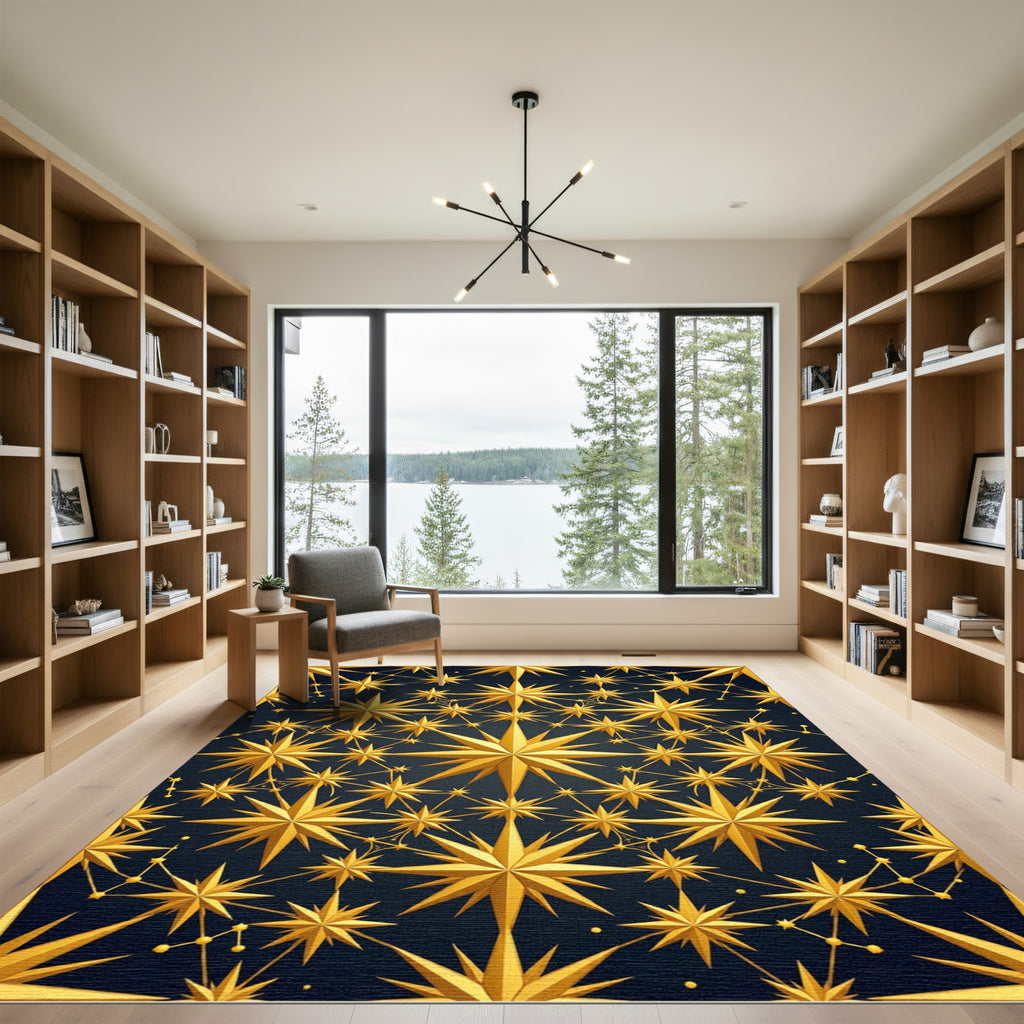 Golden Celestial Starry Night Geometry Rug