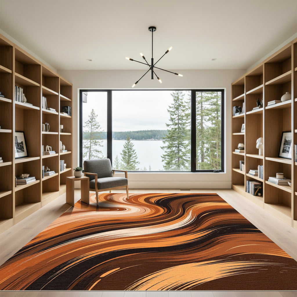 Abstract Earthen Caramel Flowing Swirls Rug