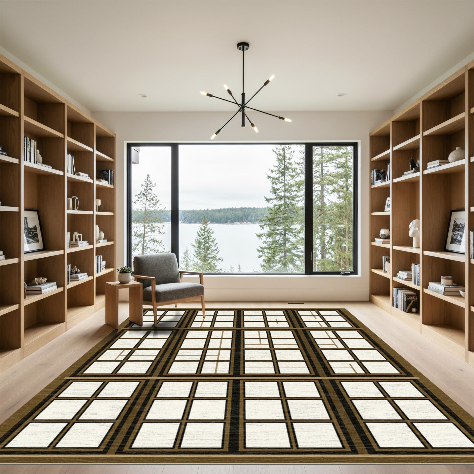 Brown Grid Window Pane Composition Rug