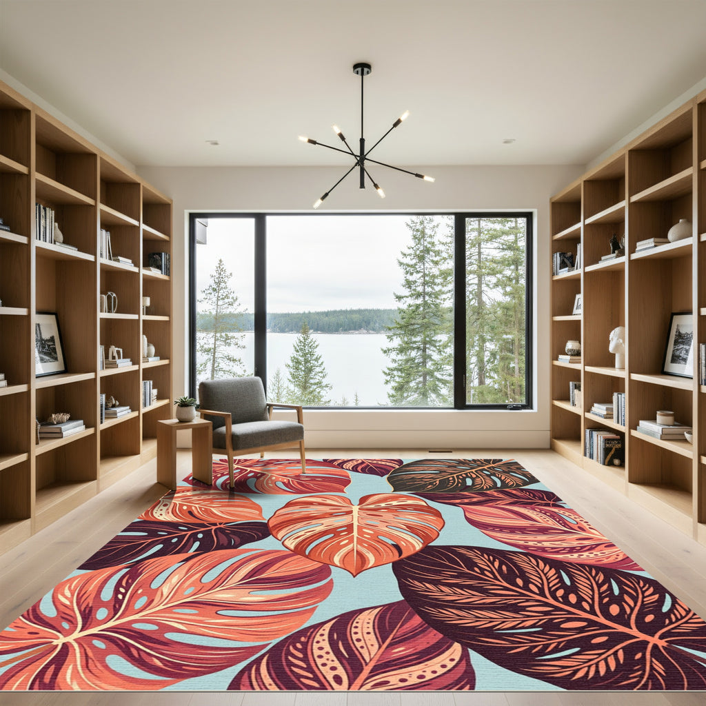 Coral Ochre Terracotta Tropical Leaf Rug