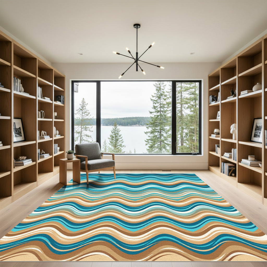 Earthy Blue Wavy Coastal Stripe Rug