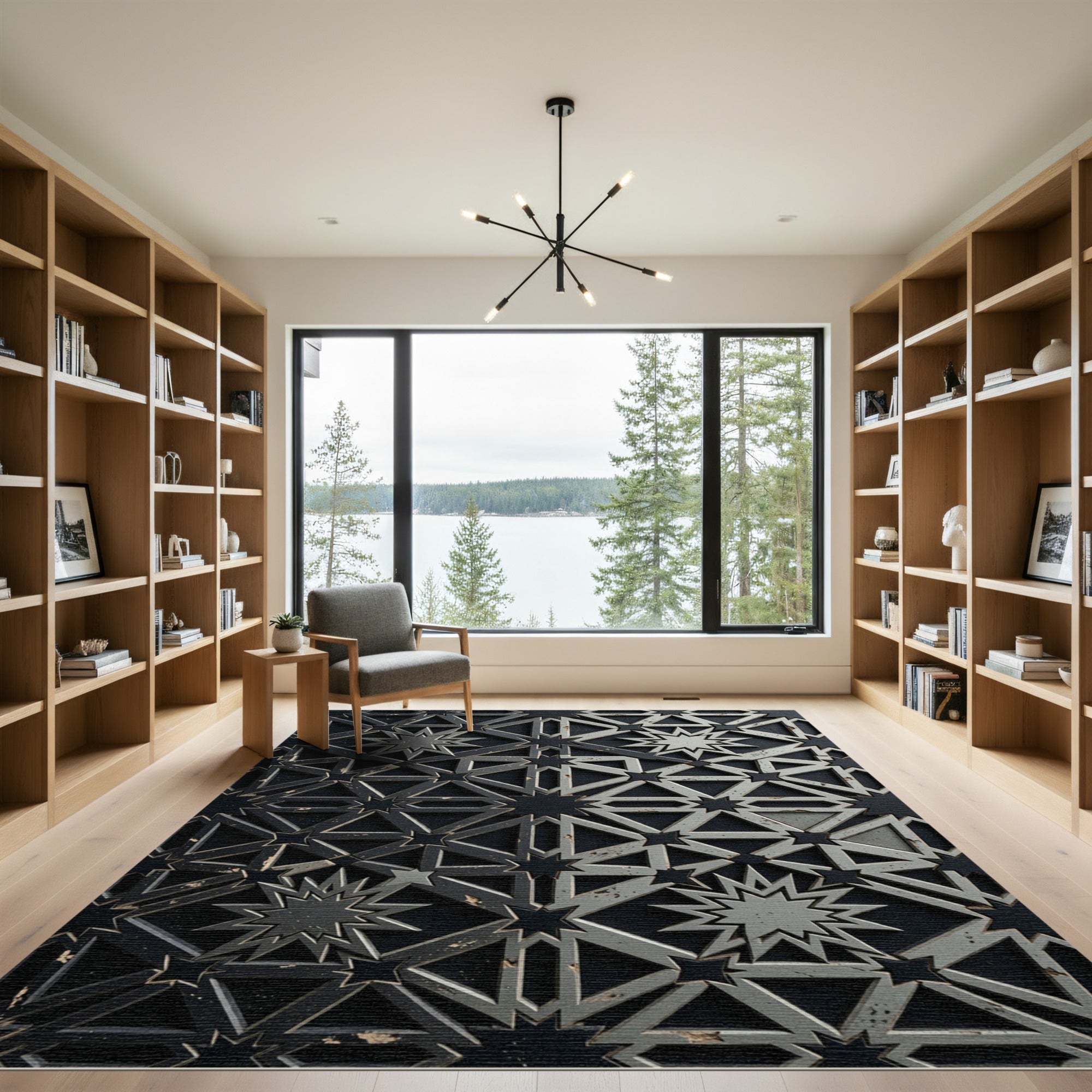 Monochrome Geometric Starburst Mandala Rug