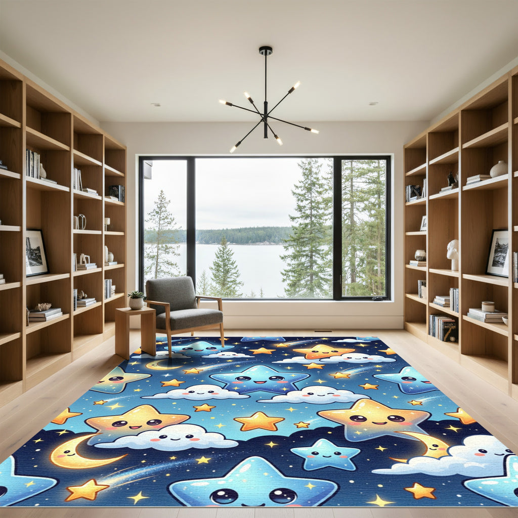 Whimsical Blue and Golden Starry Sky Rug