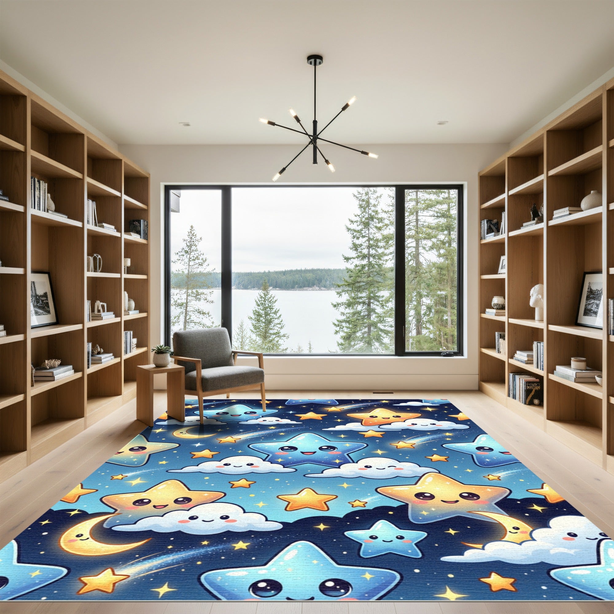 Whimsical Blue and Golden Starry Sky Rug
