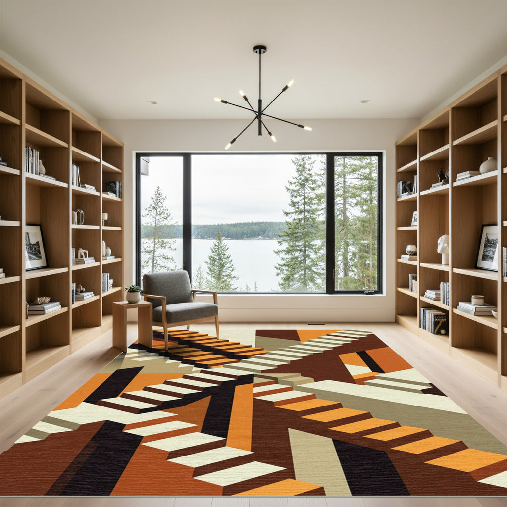 Geometric Stairwell With Orange Tones Rug