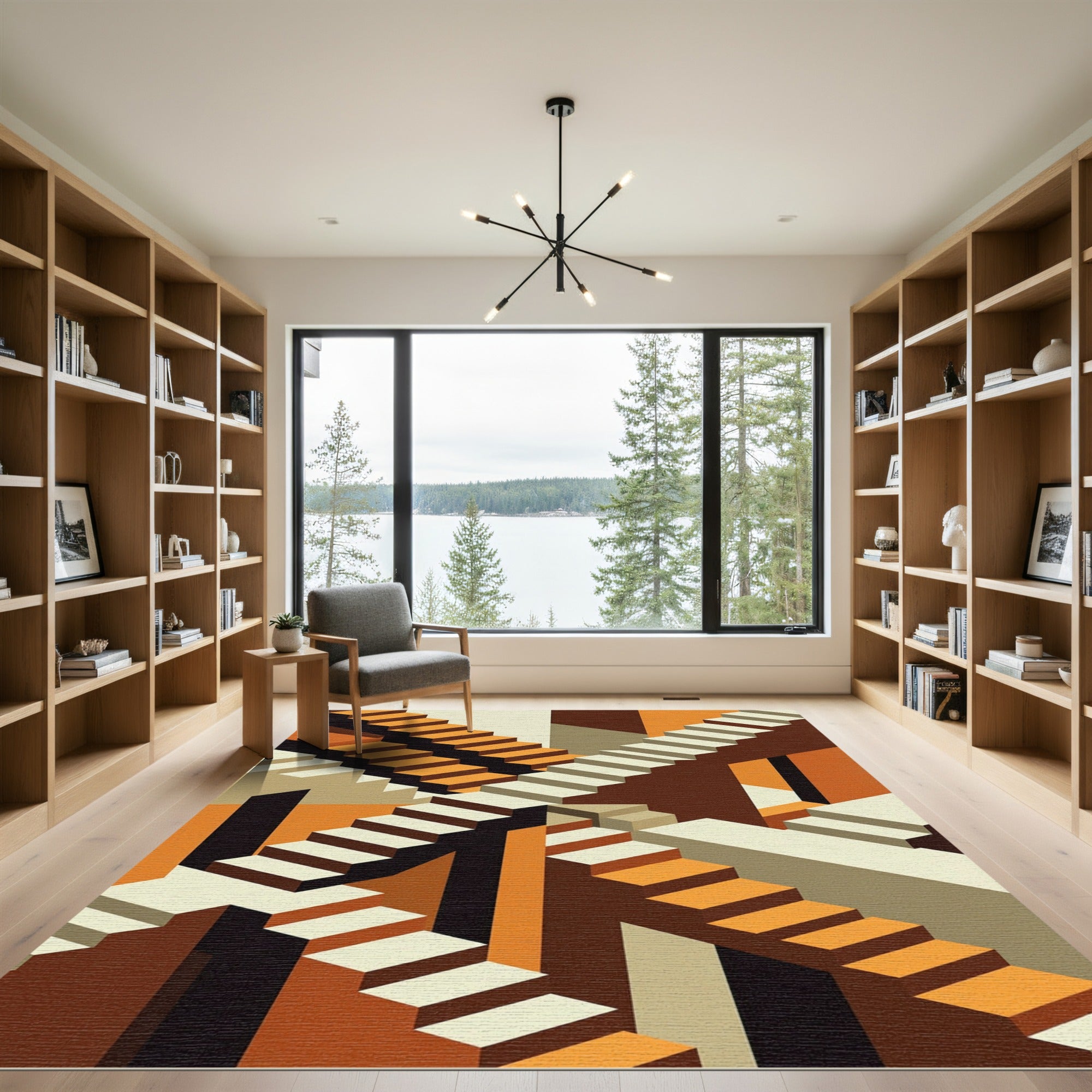 Geometric Stairwell With Orange Tones Rug