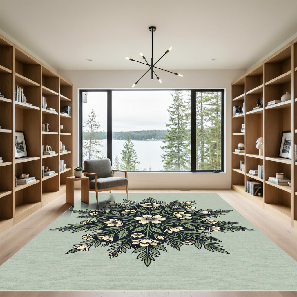 Sage Green Cream Floral Medallion Rug
