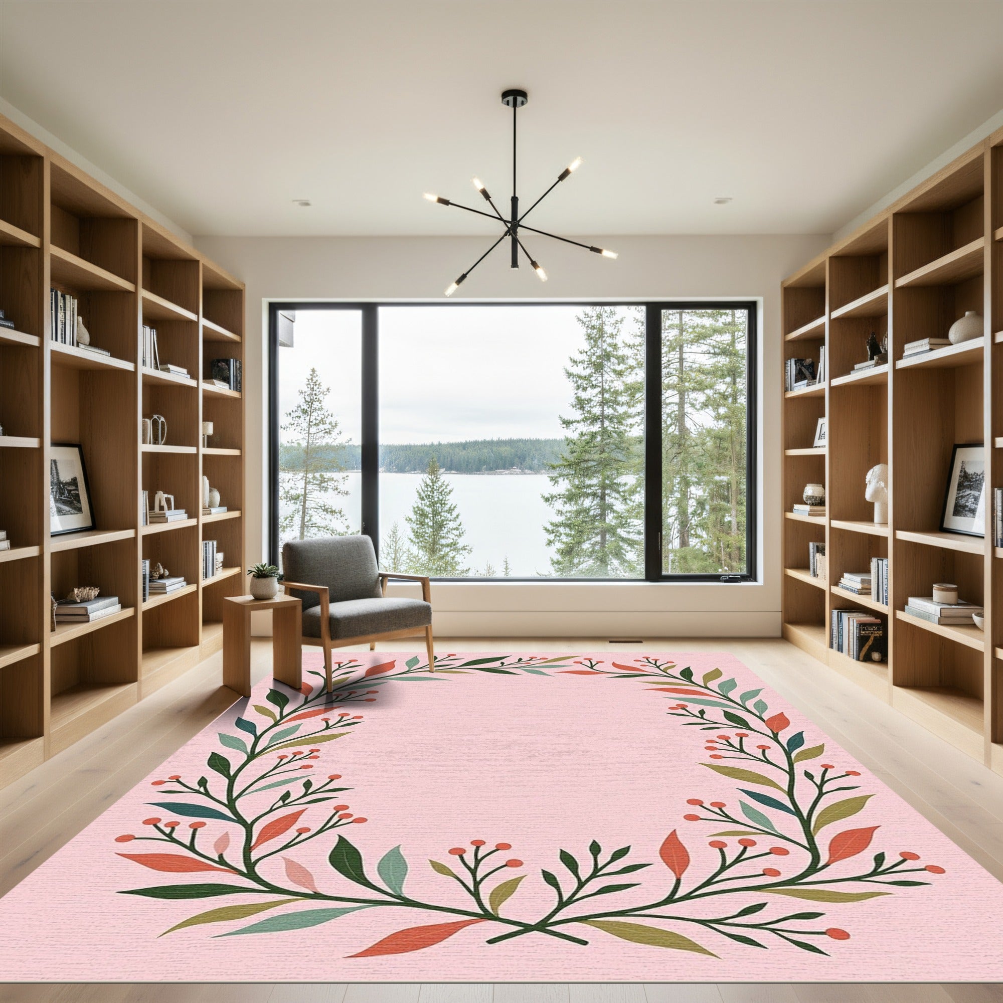 Coral Green Leaf Berry Garland Rug