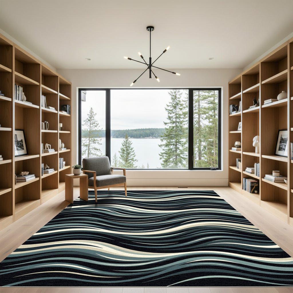Dark Slate Blue Abstract Wavy Lines Rug