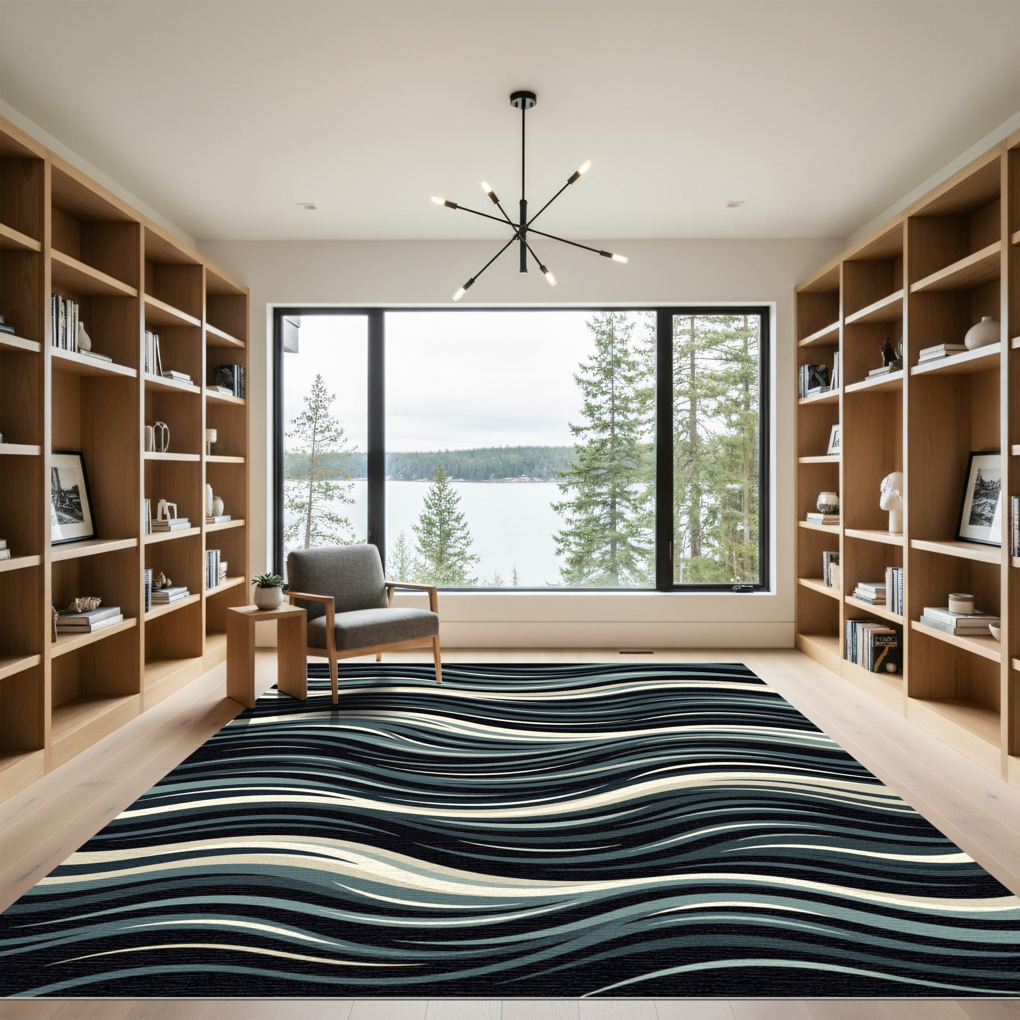 Dark Slate Blue Abstract Wavy Lines Rug