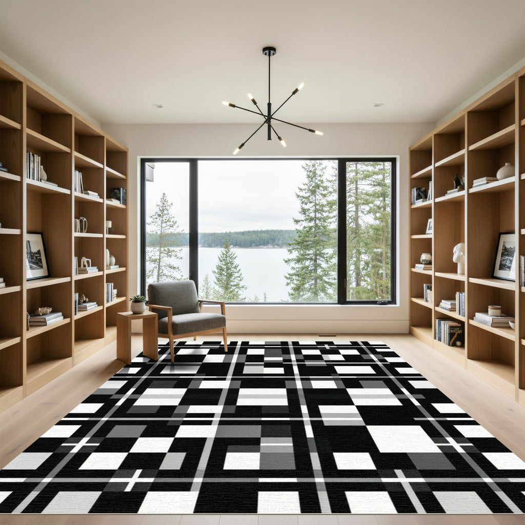 Monochrome Abstract Geometric Grid Checkered Abstract Rug