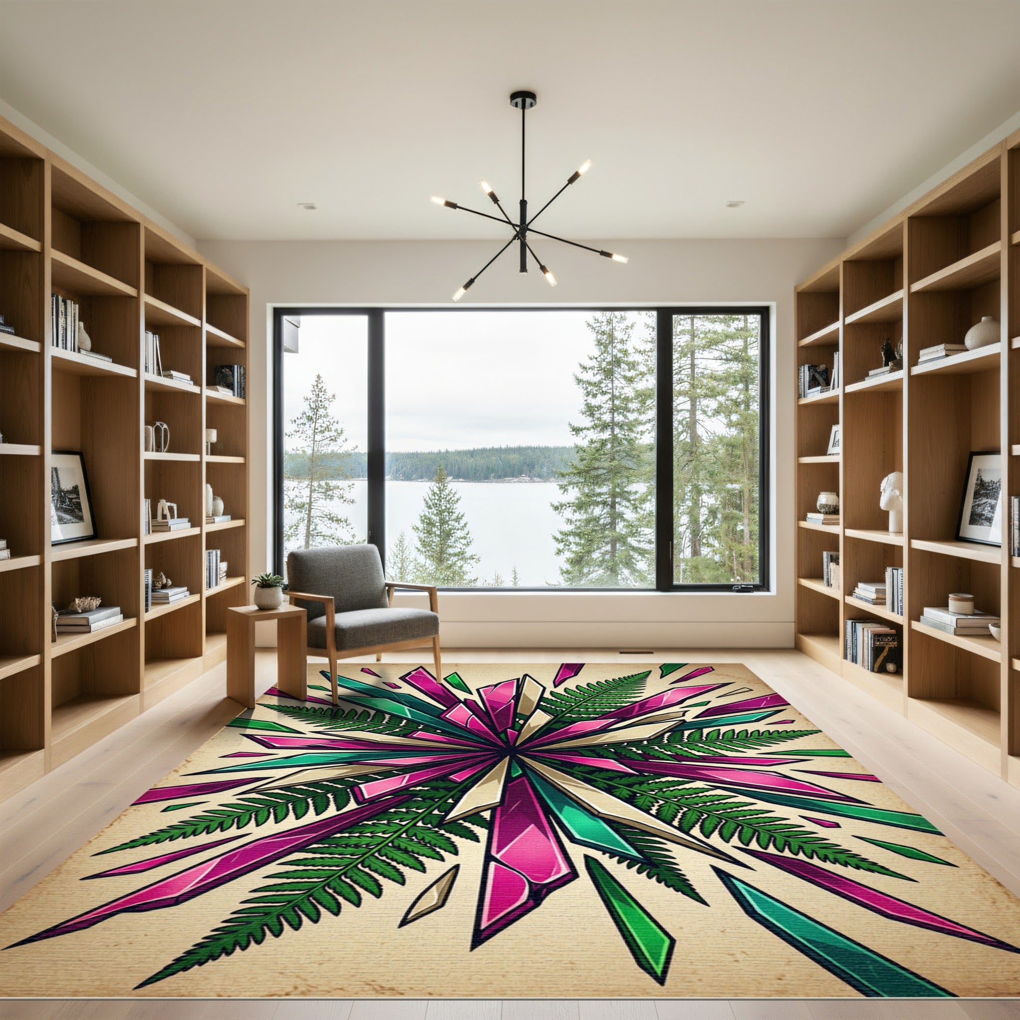 Vibrant Magenta Teal Crystal Fern Burst Rug