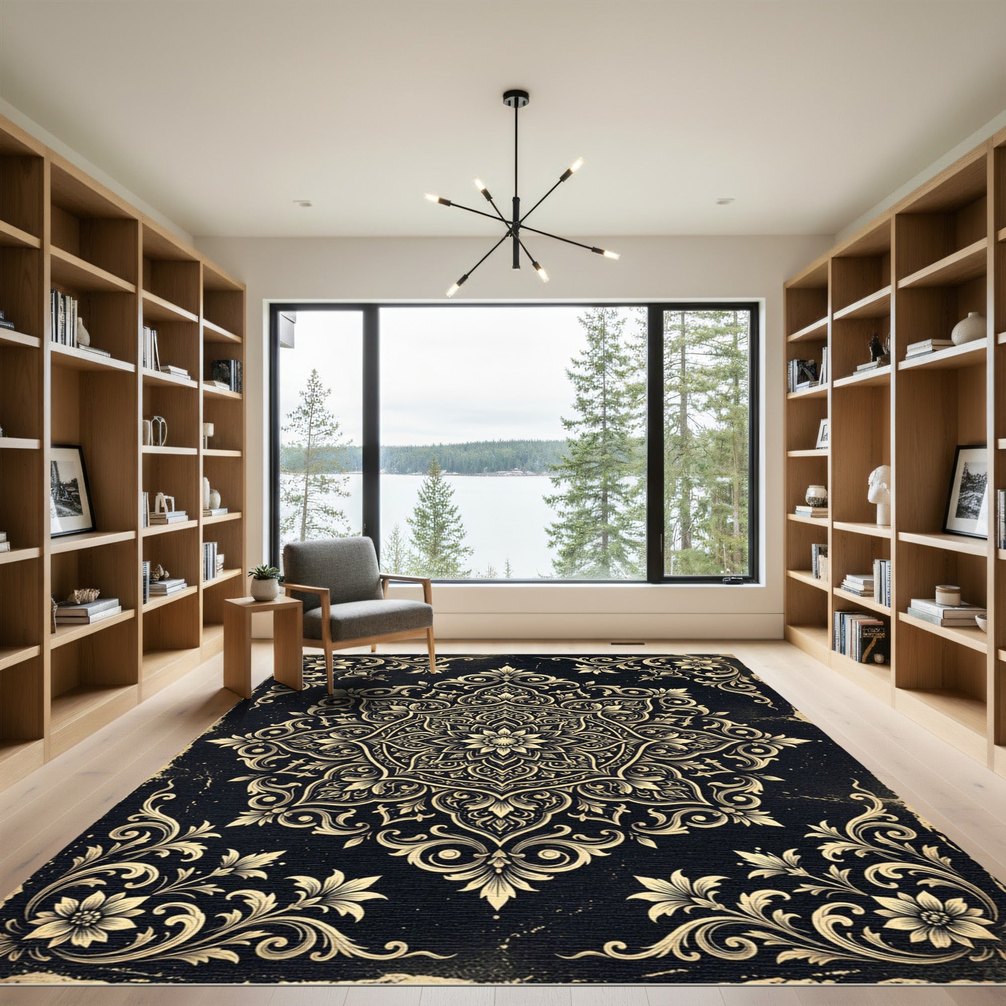 Elegant Gold Floral Medallion Black Rug