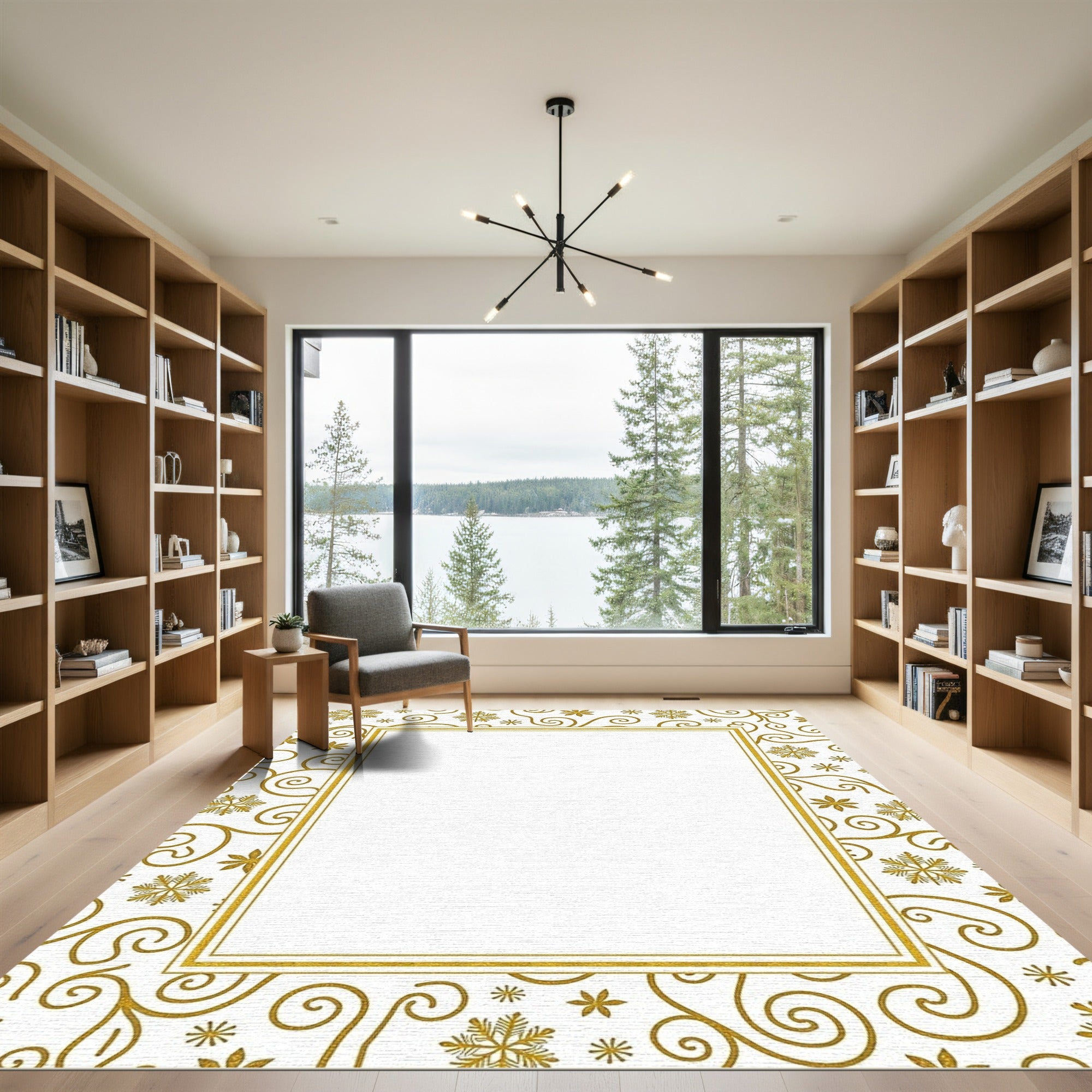 Golden Snowflake Swirl Frame Rug