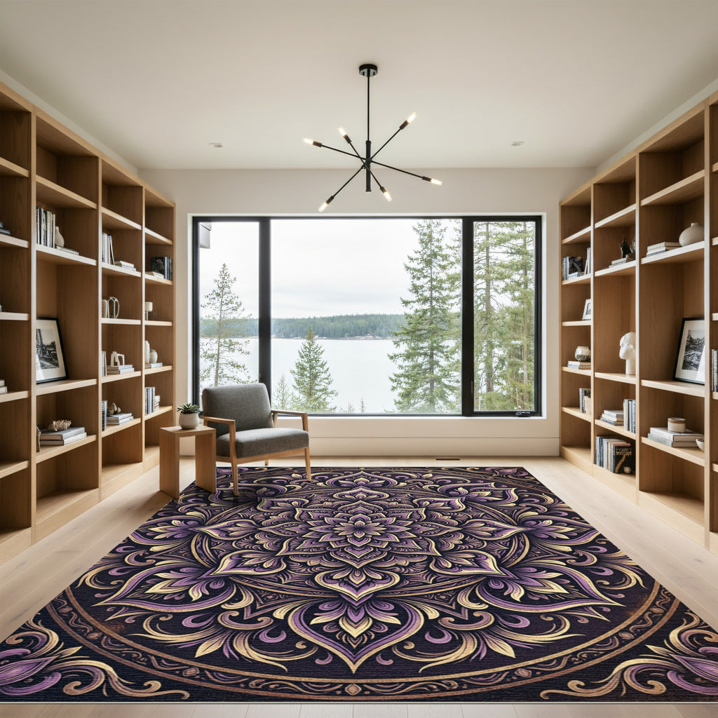 Ornate Violet Gold Floral Mandala Rug
