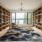 Elegant Monochrome Smoke with Golden Swirls Rug