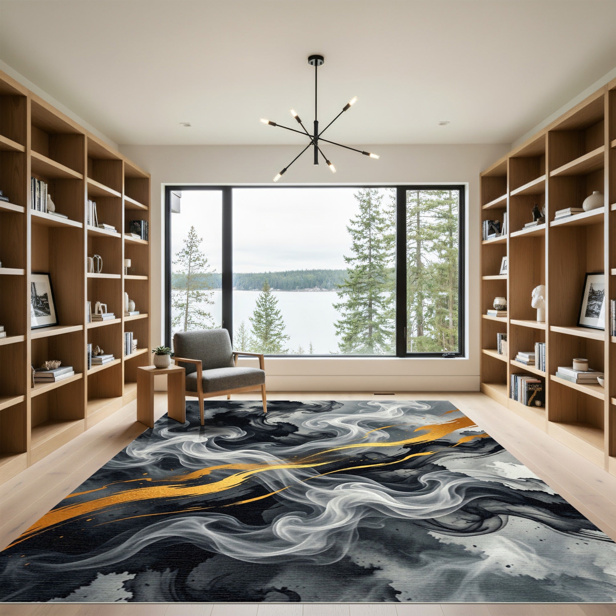 Elegant Monochrome Smoke with Golden Swirls Rug