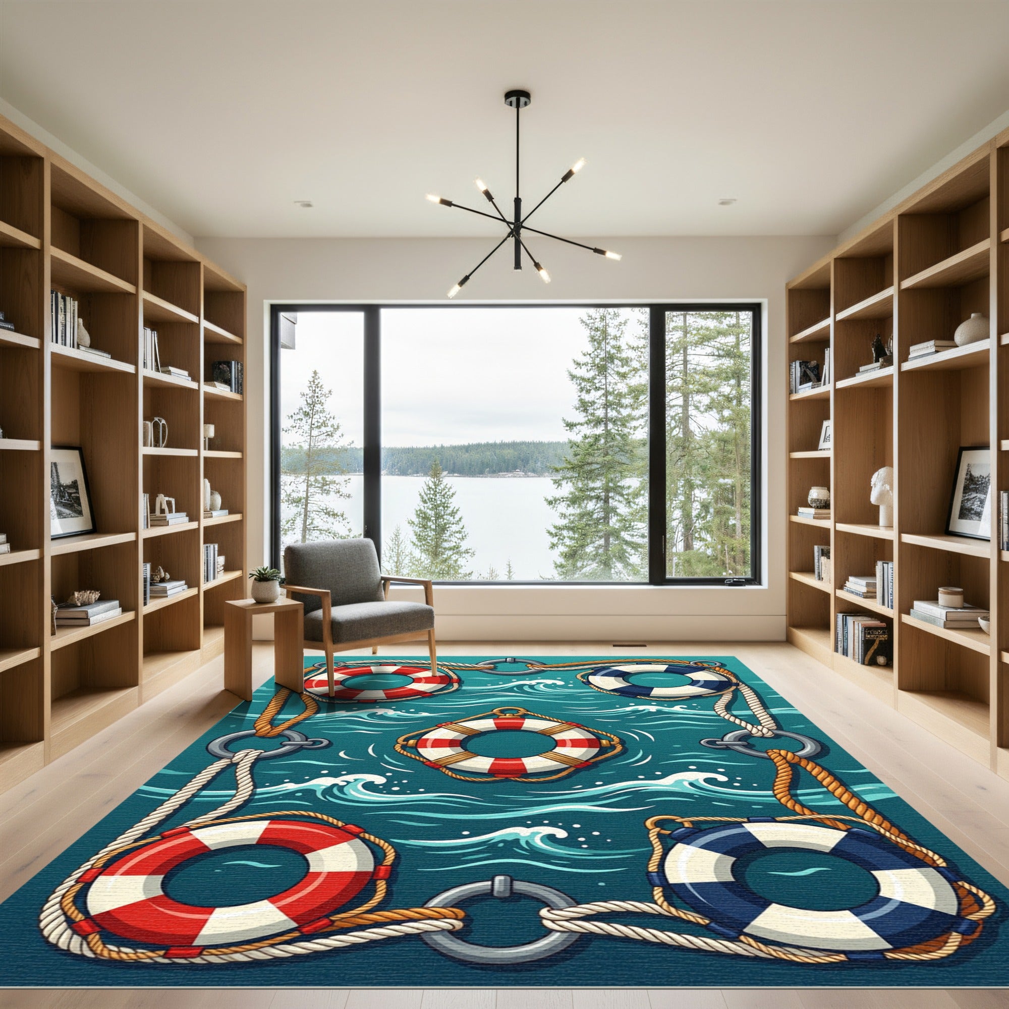 Nautical Lifeboat Rings Ocean Waves Rug