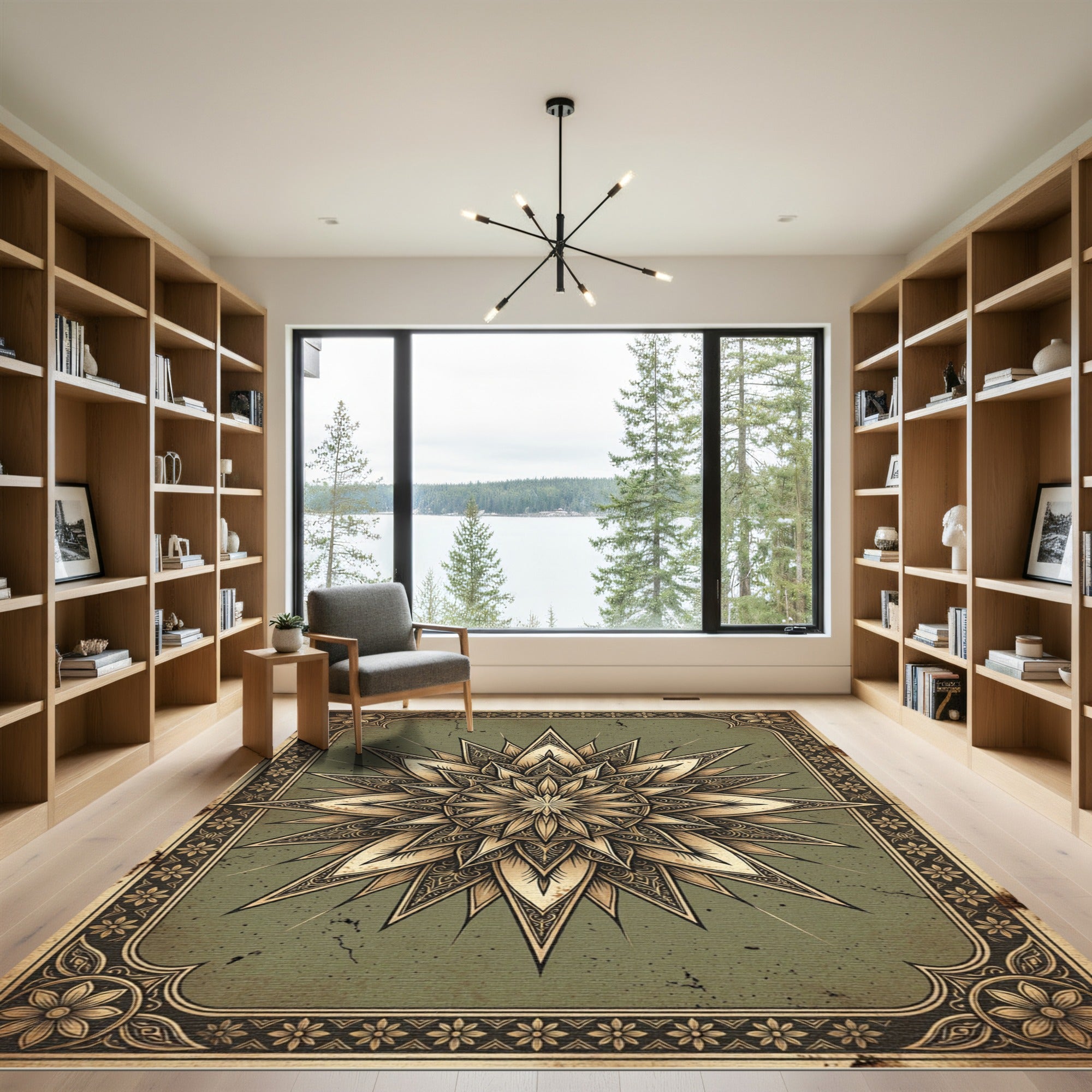 Ornate Sage Green Sunburst Medallion Rug